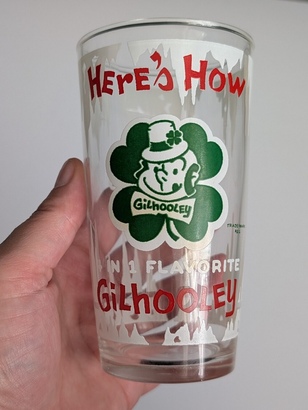 Rare Vintage 40's Gilhooley ACL Advertising Drink Glass Leprechaun Clover
